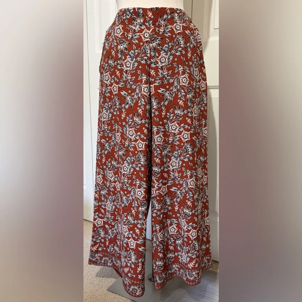 Max Studio Lightweight Flowy Wide Leg Pants Floral Print Rust Black Size L NWT